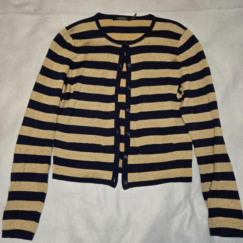 Lauren Ralph Lauren M Striped Navy Gold Metallic Button Cardigan‎ Sweater
